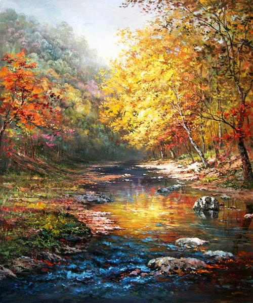 John Ottis Adams Beautiful Trees With A Quiet River Painting Framed Paintings For Sale