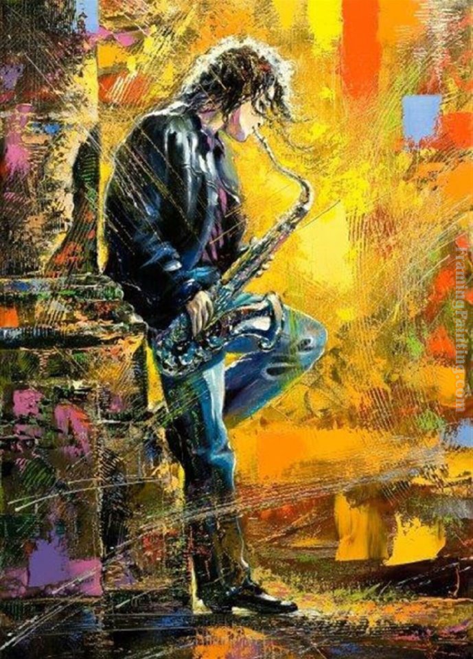 Famous Jazz Paintings - Jazz Guy Lean on Wall (color)